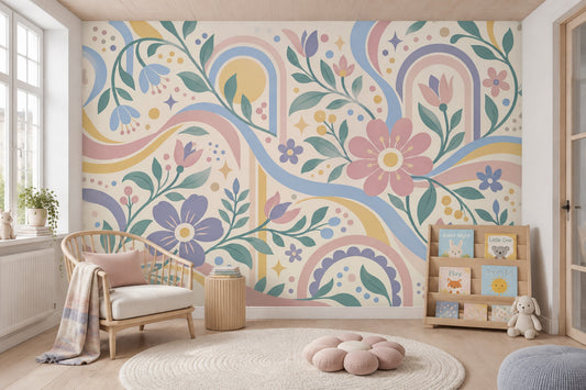 Pastel Çiçekli Poster Duvar Kağıdı Gökkuşağı Desenli Çocuk Odası