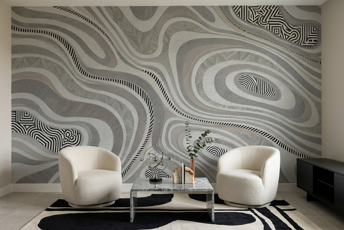 Soyut Dalgalı Poster Duvar Kağıdı Gri Siyah Modern Salon