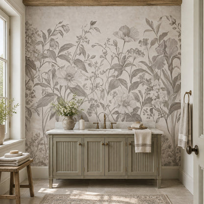 Gri Çiçek Desenli Poster Duvar Kağıdı Krem Salon Dekoru