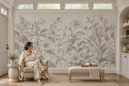 Gri Çiçek Desenli Poster Duvar Kağıdı Krem Salon Dekoru