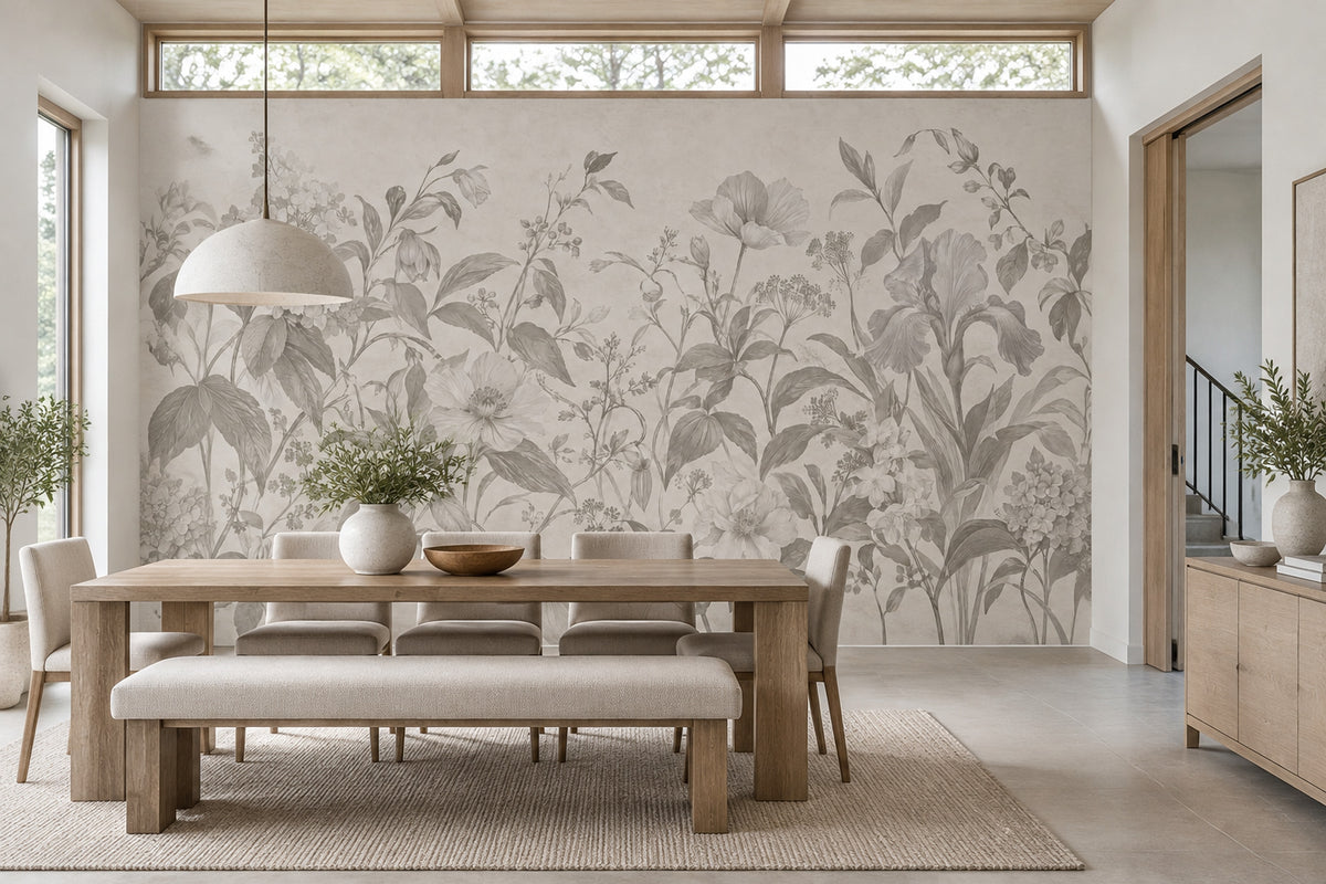Gri Çiçek Desenli Poster Duvar Kağıdı Krem Salon Dekoru