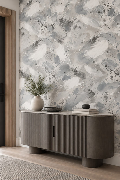 Soyut Fırça Darbeli Duvar Kağıdı Gri Beyaz Modern Desen