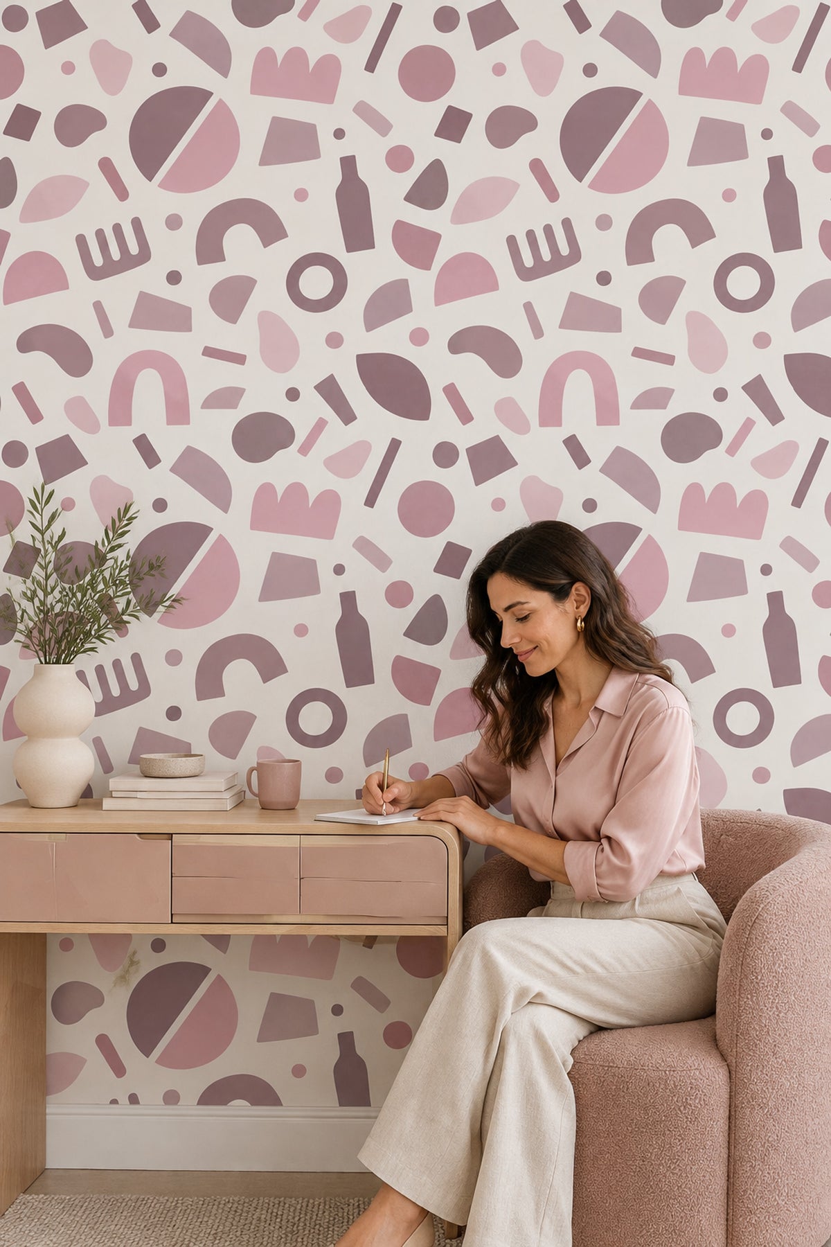 Pastel Geometrik Duvar Kağıdı Pembe Desenli Çocuk Odası