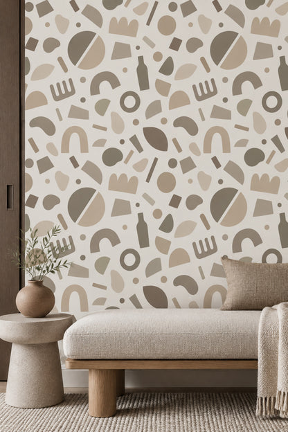 Soyut Geometrik Duvar Kağıdı Bej Desenli Modern Salon