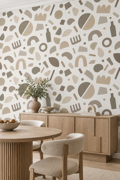 Soyut Geometrik Duvar Kağıdı Bej Desenli Modern Salon