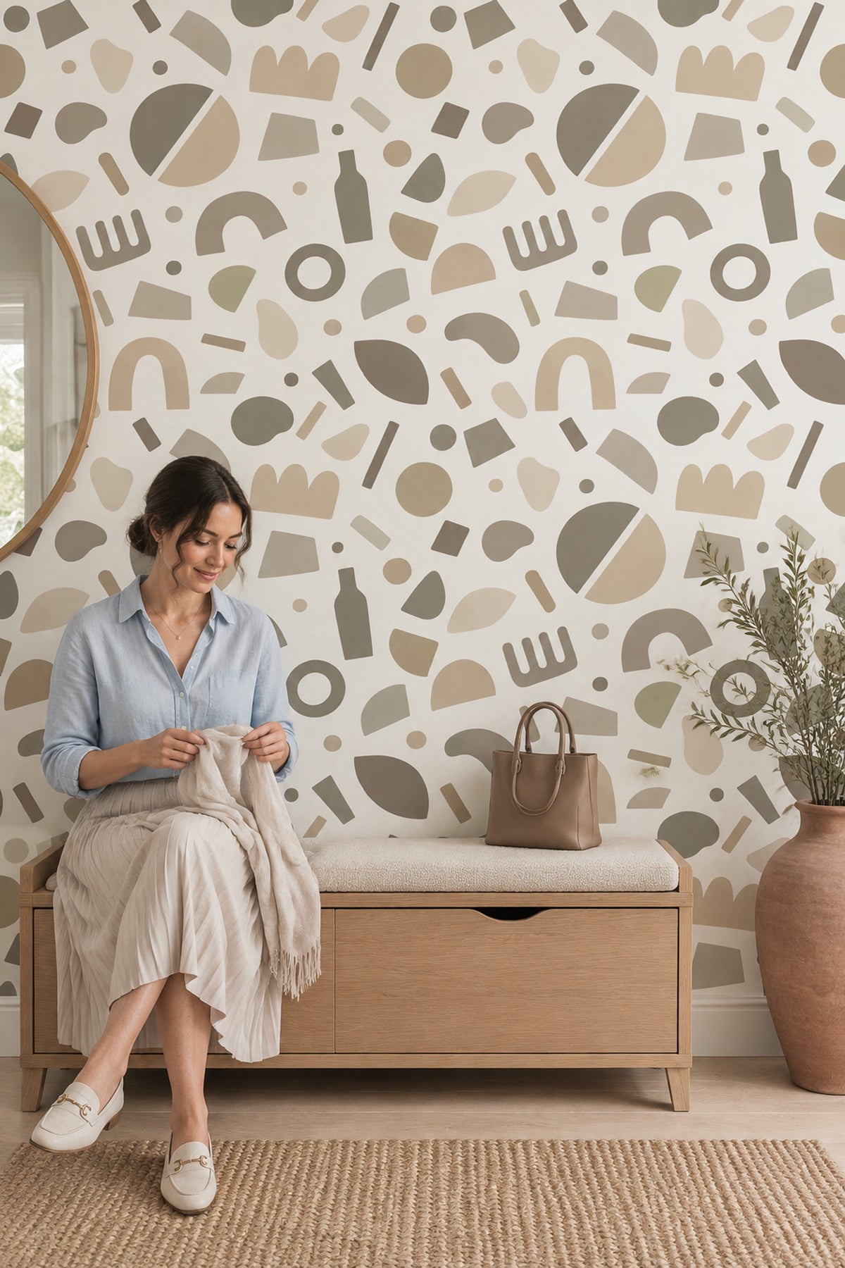 Soyut Geometrik Duvar Kağıdı Bej Desenli Modern Salon