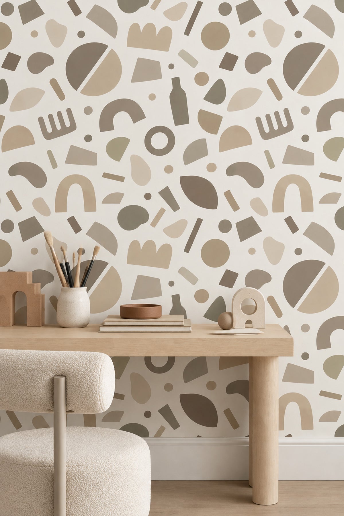 Soyut Geometrik Duvar Kağıdı Bej Desenli Modern Salon