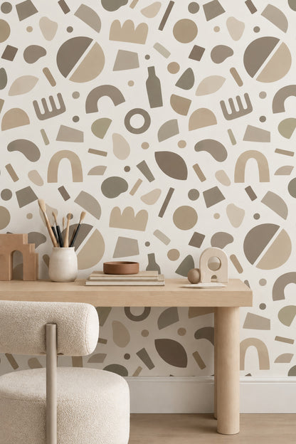 Soyut Geometrik Duvar Kağıdı Bej Desenli Modern Salon
