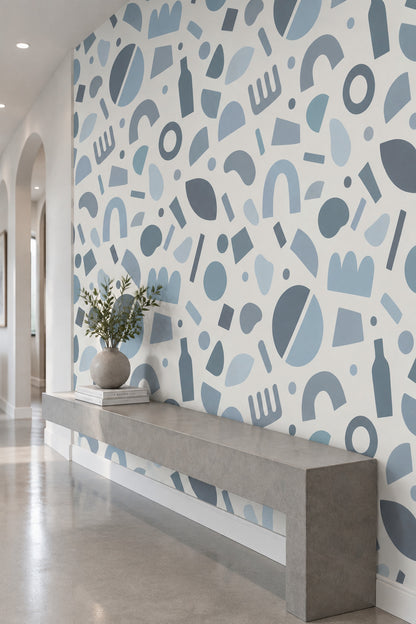 Soyut Geometrik Duvar Kağıdı Mavi Gri Desenli Modern