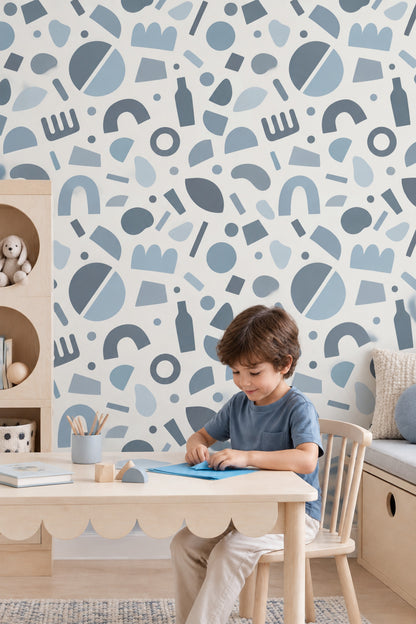 Soyut Geometrik Duvar Kağıdı Mavi Gri Desenli Modern