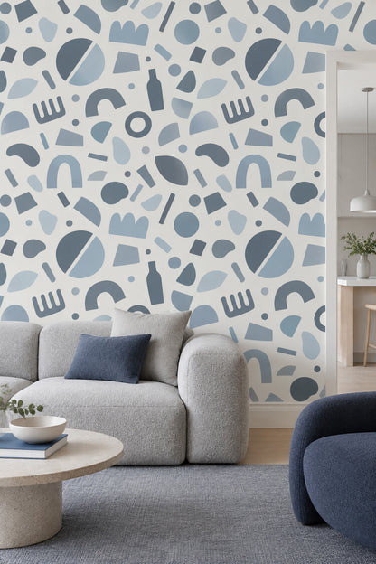 Soyut Geometrik Duvar Kağıdı Mavi Gri Desenli Modern