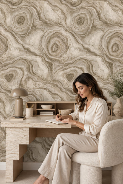 Bej Oniks Taş Görünümlü Duvar Kağıdı Modern Desenli
