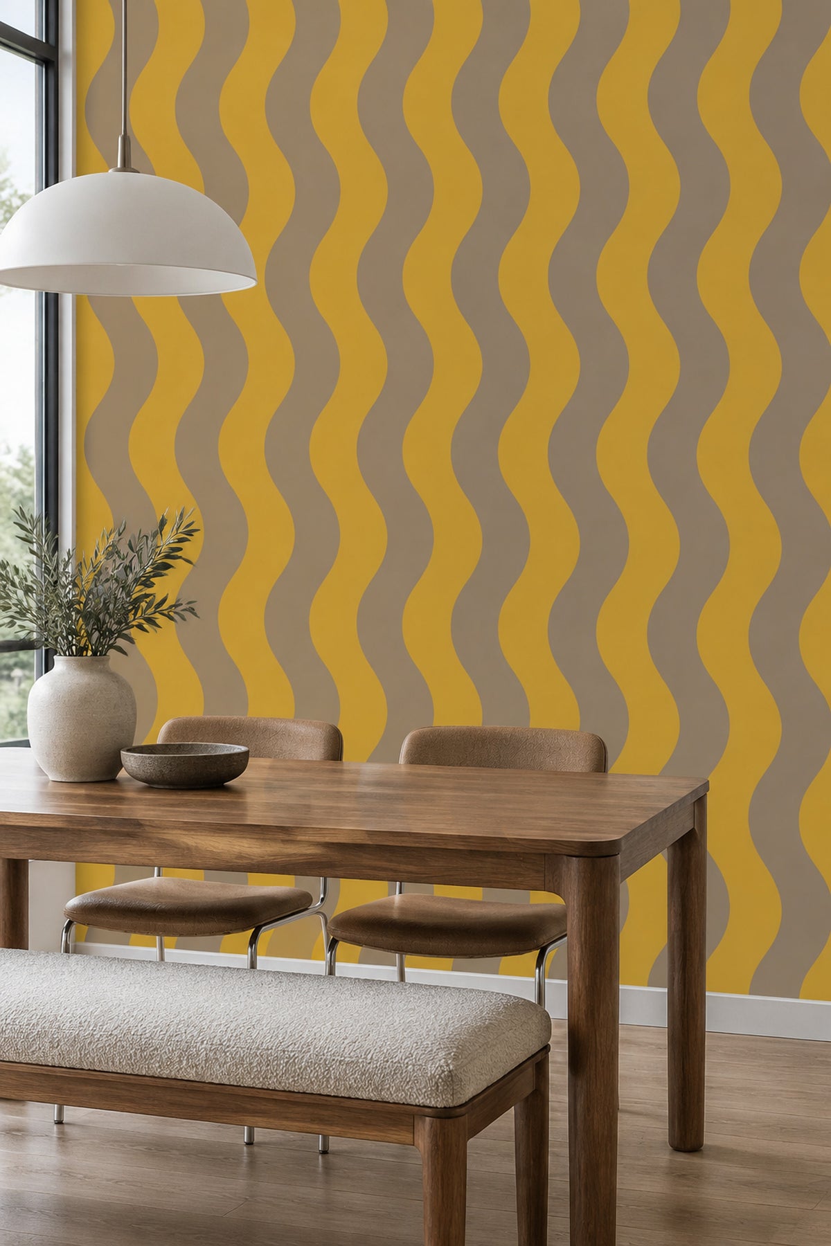 Sarı Gri Dalgalı Çizgili Duvar Kağıdı Modern Salon