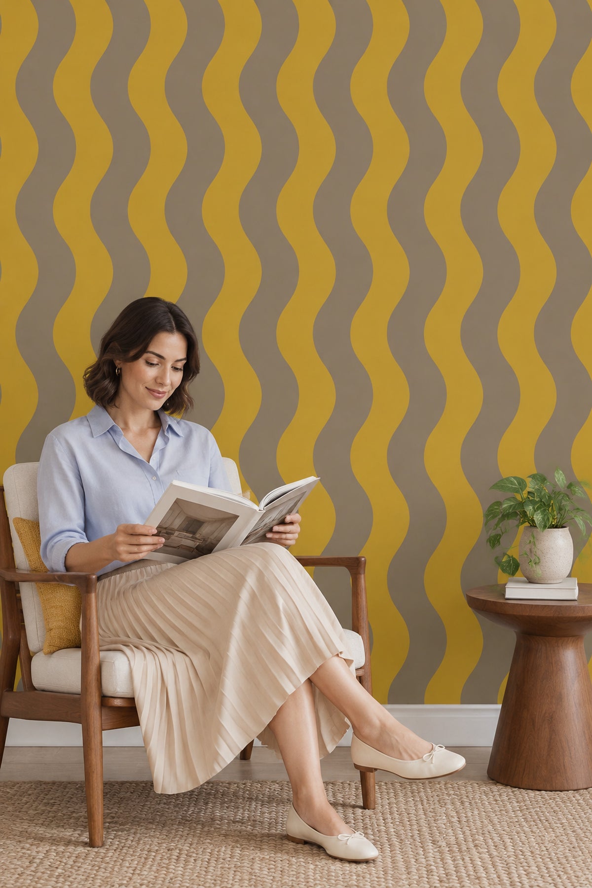 Sarı Gri Dalgalı Çizgili Duvar Kağıdı Modern Salon