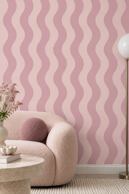 Pembe Dalgalı Çizgili Duvar Kağıdı Modern Salon Dekoru