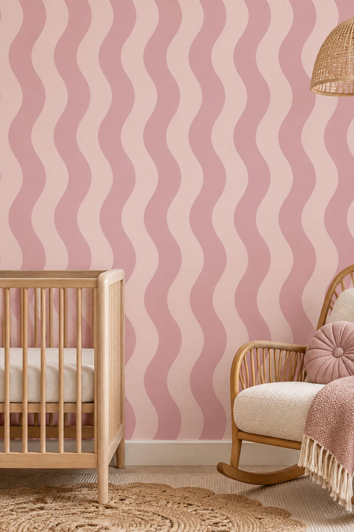 Pembe Dalgalı Çizgili Duvar Kağıdı Modern Salon Dekoru
