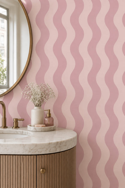 Pembe Dalgalı Çizgili Duvar Kağıdı Modern Salon Dekoru