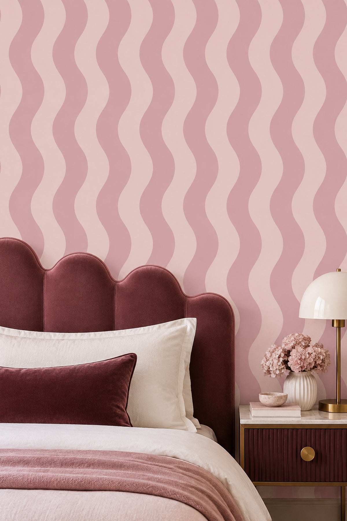 Pembe Dalgalı Çizgili Duvar Kağıdı Modern Salon Dekoru