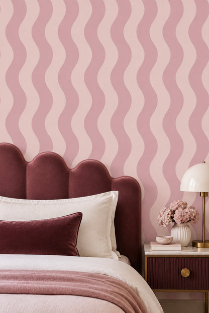 Pembe Dalgalı Çizgili Duvar Kağıdı Modern Salon Dekoru