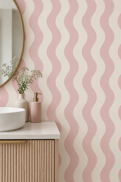 Pembe Krem Dalgalı Çizgili Duvar Kağıdı Modern Salon
