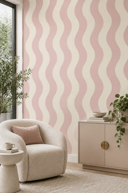 Pembe Krem Dalgalı Çizgili Duvar Kağıdı Modern Salon