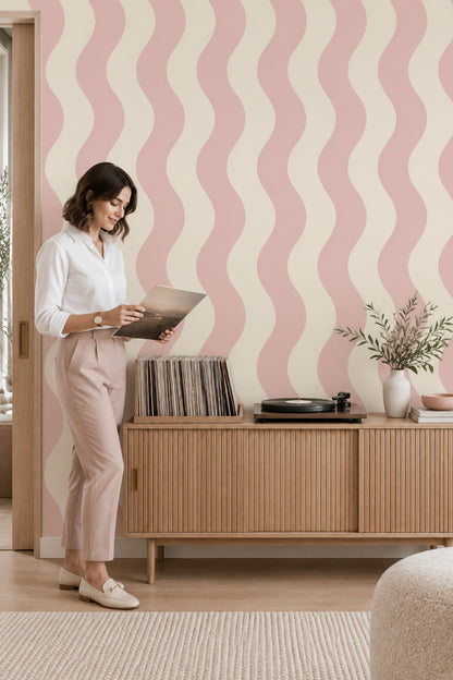 Pembe Krem Dalgalı Çizgili Duvar Kağıdı Modern Salon