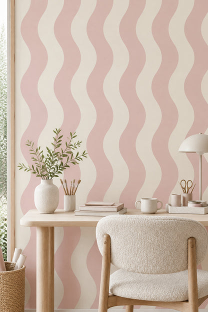 Pembe Krem Dalgalı Çizgili Duvar Kağıdı Modern Salon