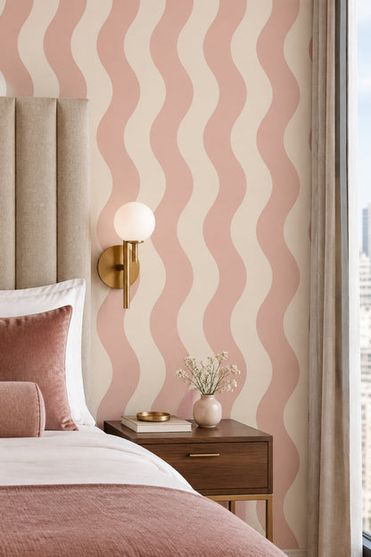 Pembe Krem Dalgalı Çizgili Duvar Kağıdı Modern Salon