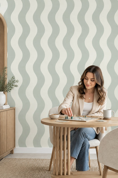 Dalgalı Çizgili Duvar Kağıdı Adaçayı Yeşili Modern Desen