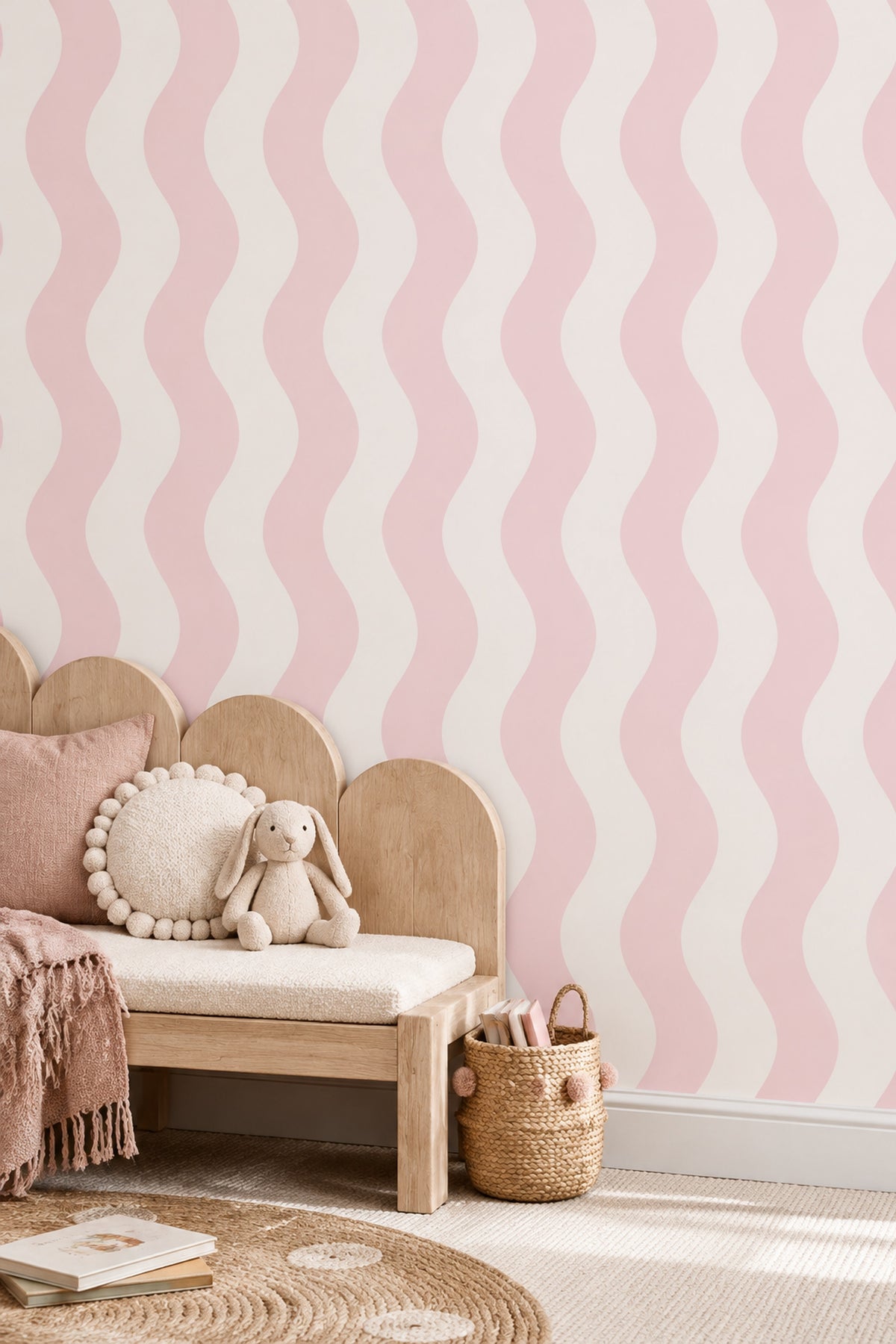 Pembe Dalgalı Çizgili Duvar Kağıdı Modern Minimal Desen
