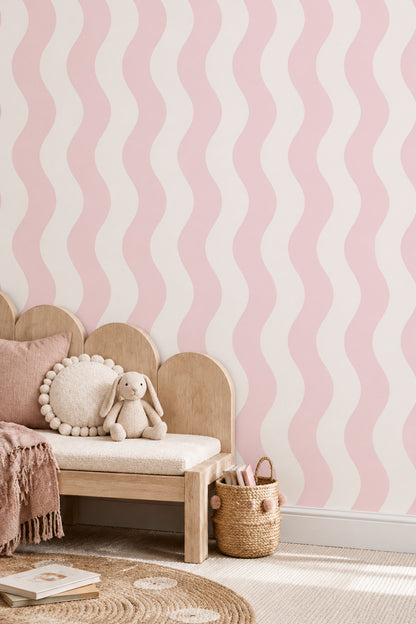 Pembe Dalgalı Çizgili Duvar Kağıdı Modern Minimal Desen