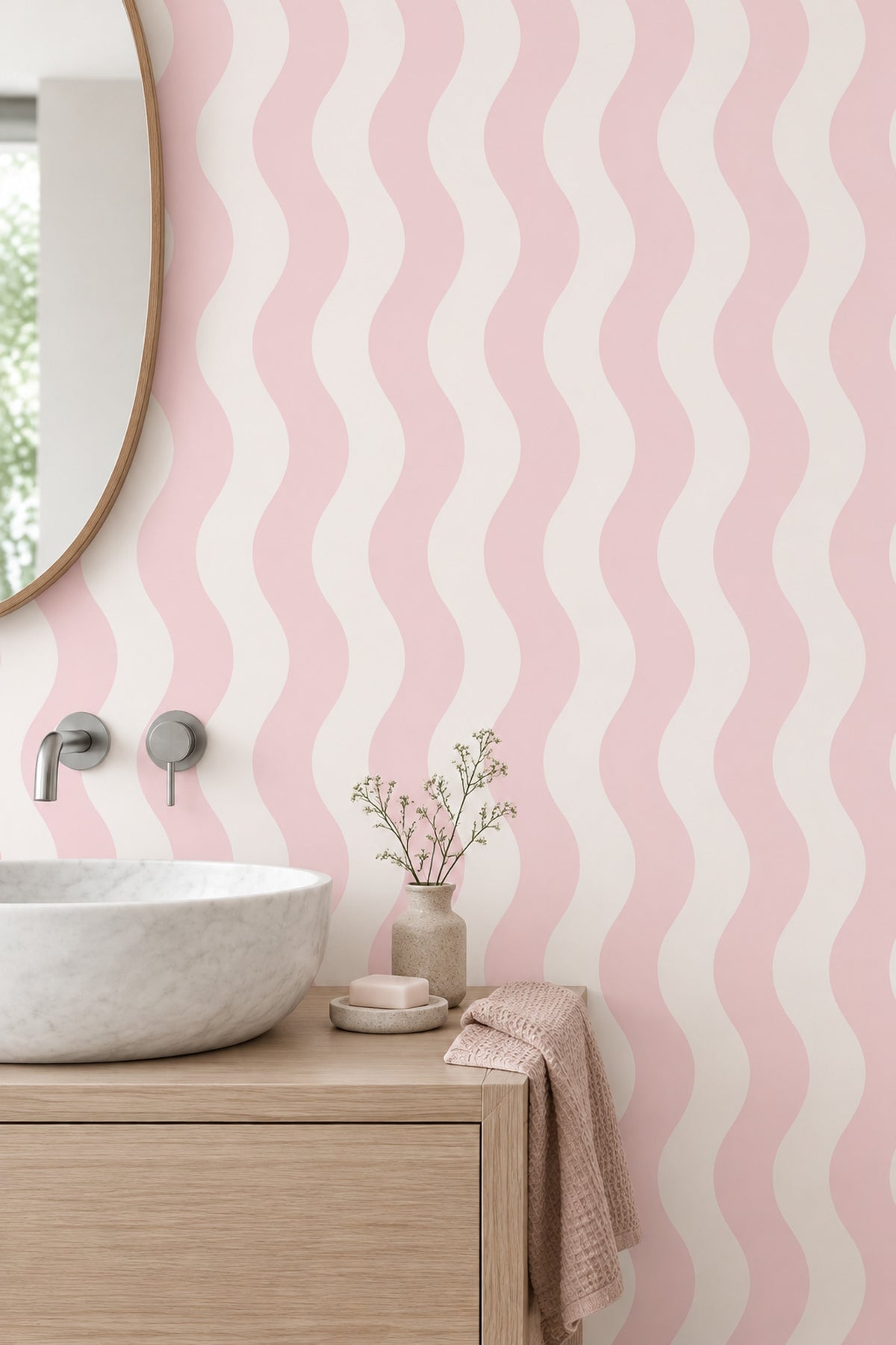 Pembe Dalgalı Çizgili Duvar Kağıdı Modern Minimal Desen