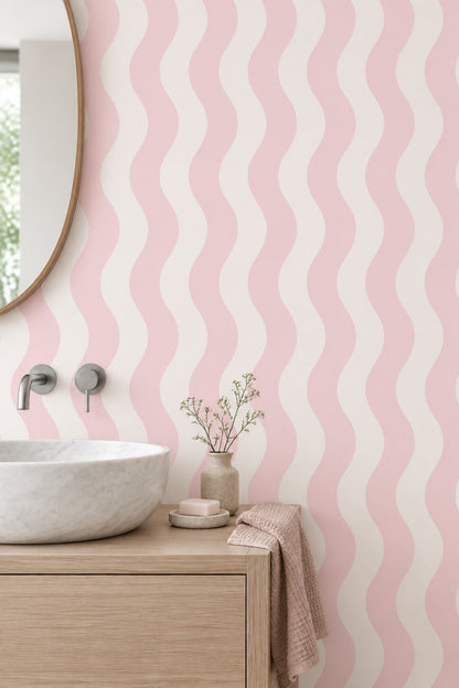 Pembe Dalgalı Çizgili Duvar Kağıdı Modern Minimal Desen