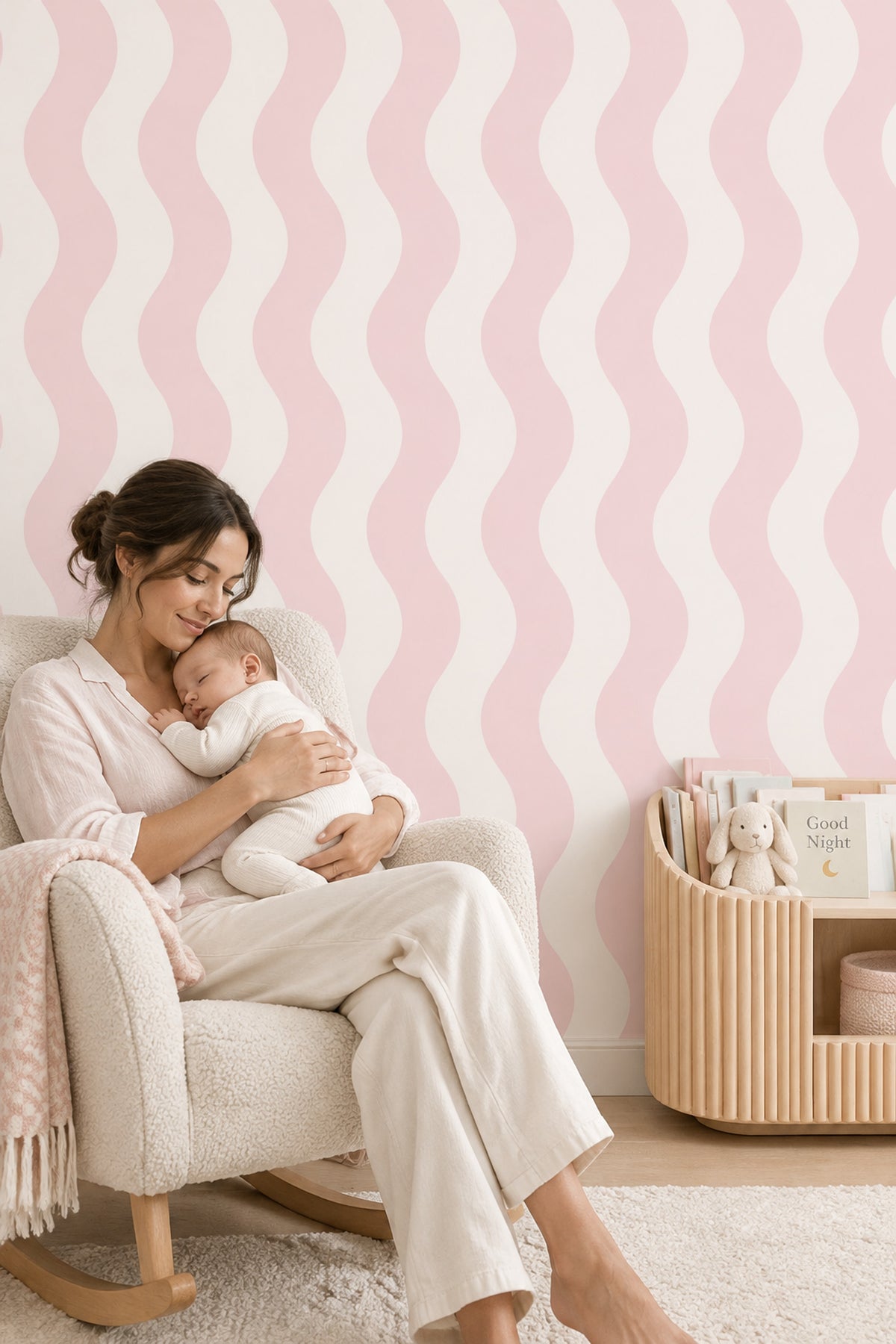 Pembe Dalgalı Çizgili Duvar Kağıdı Modern Minimal Desen