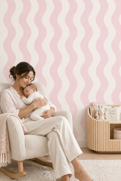 Pembe Dalgalı Çizgili Duvar Kağıdı Modern Minimal Desen