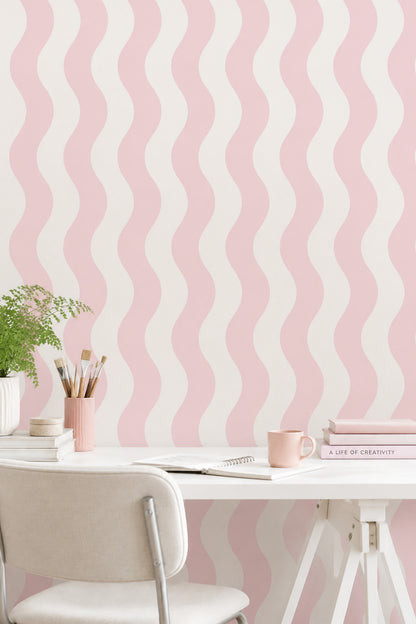 Pembe Dalgalı Çizgili Duvar Kağıdı Modern Minimal Desen