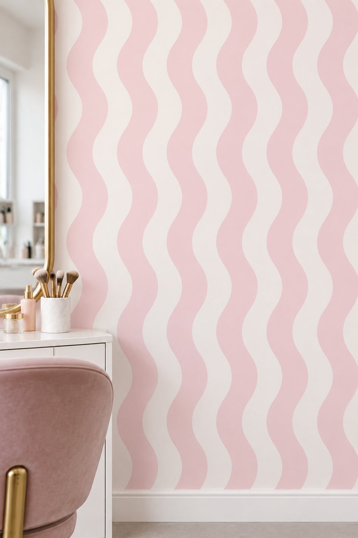 Pembe Dalgalı Çizgili Duvar Kağıdı Modern Minimal Desen
