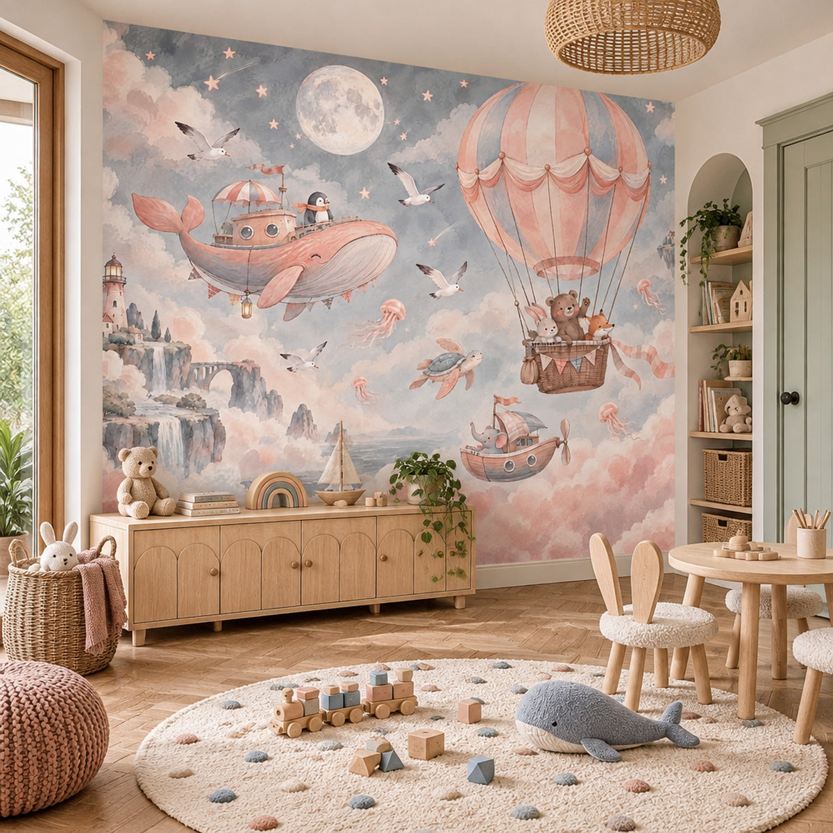 Balon ve Hayvanlı Poster Duvar Kağıdı Pastel Çocuk Odası