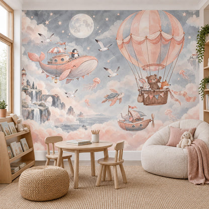 Balon ve Hayvanlı Poster Duvar Kağıdı Pastel Çocuk Odası