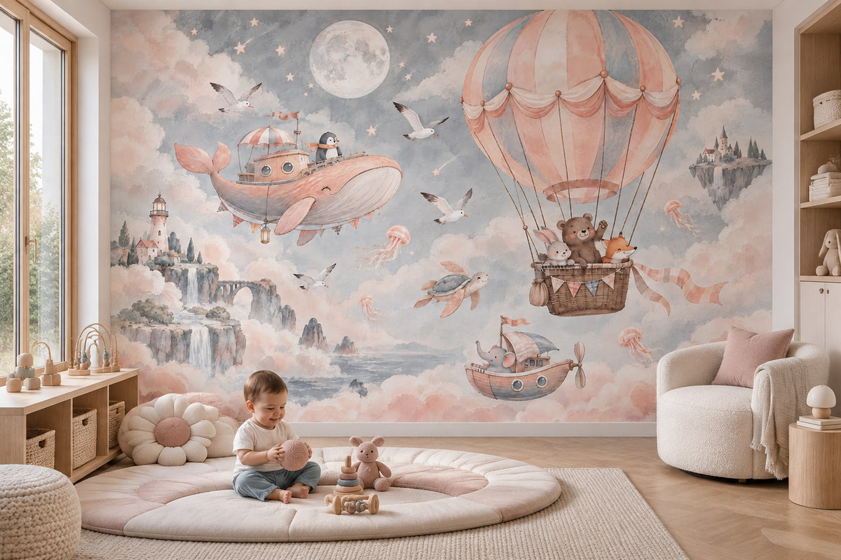 Balon ve Hayvanlı Poster Duvar Kağıdı Pastel Çocuk Odası