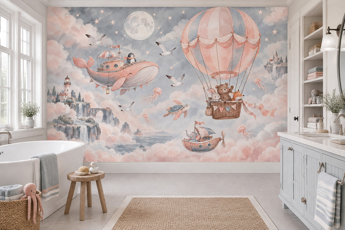 Balon ve Hayvanlı Poster Duvar Kağıdı Pastel Çocuk Odası