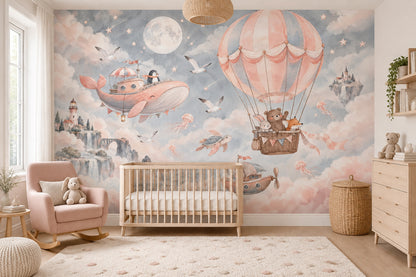Balon ve Hayvanlı Poster Duvar Kağıdı Pastel Çocuk Odası