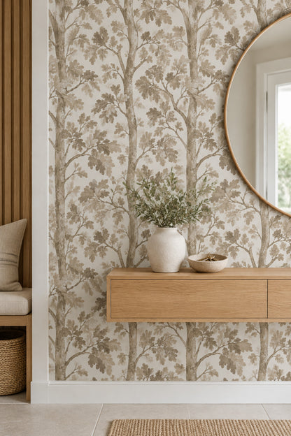 Meşe Yapraklı Duvar Kağıdı Bej Doğa Desenli Salon