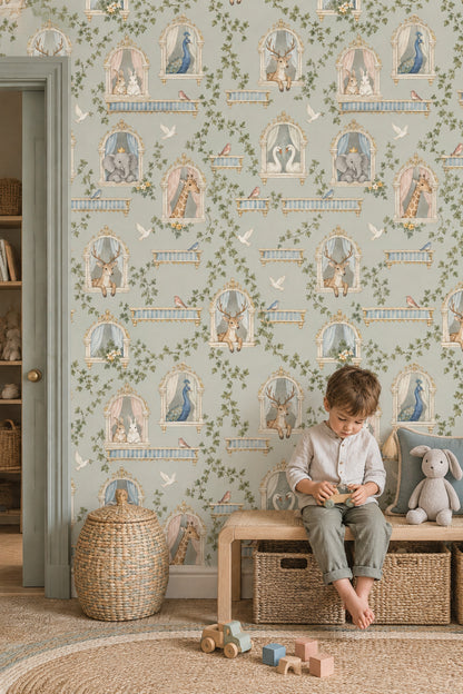 Hayvan Figürlü Duvar Kağıdı Pastel Yeşil Çocuk Odası