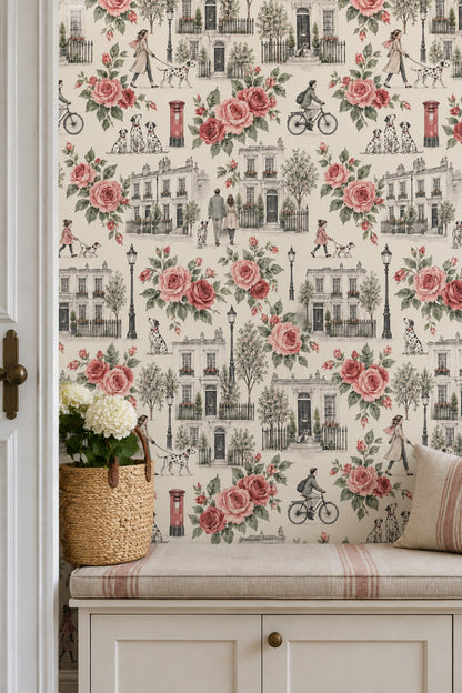 Gül Desenli Duvar Kağıdı Şehir Evleri ve Köpekli