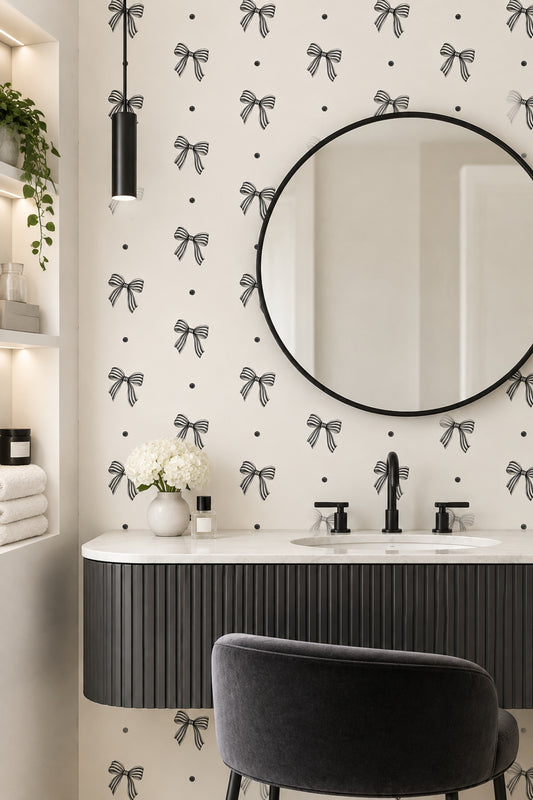 Siyah Kurdele Desenli Duvar Kağıdı Beyaz Modern Banyo