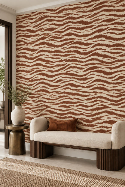 Zebra Desenli Duvar Kağıdı Kiremit Kahverengi Salon