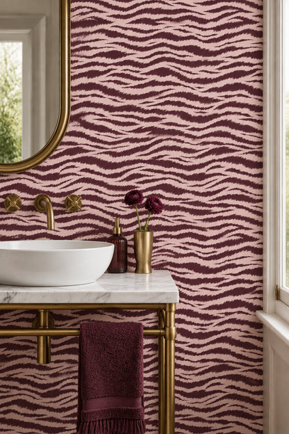 Zebra Desenli Duvar Kağıdı Bordo Krem Banyo Dekoru