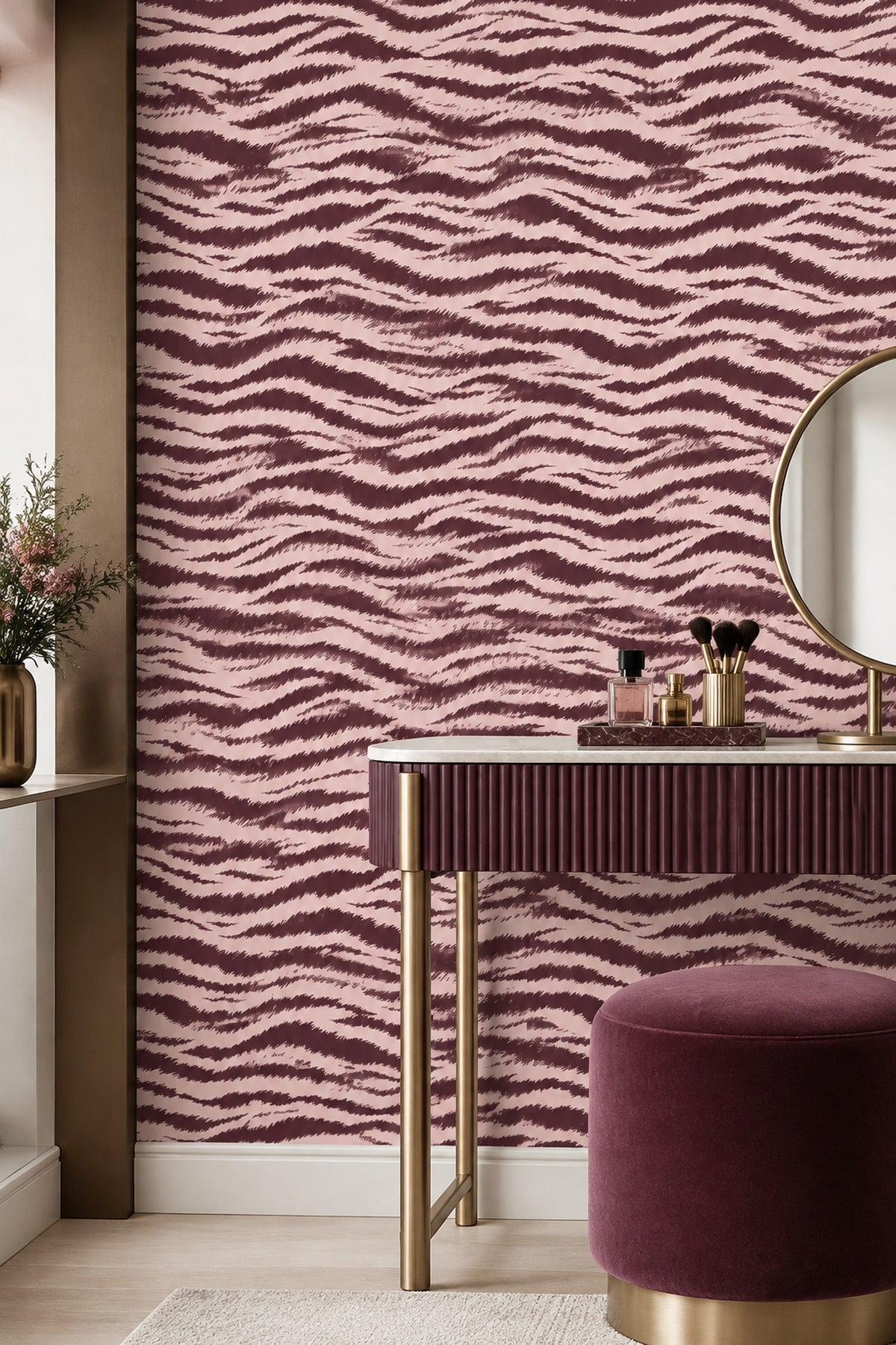 Zebra Desenli Duvar Kağıdı Bordo Krem Banyo Dekoru