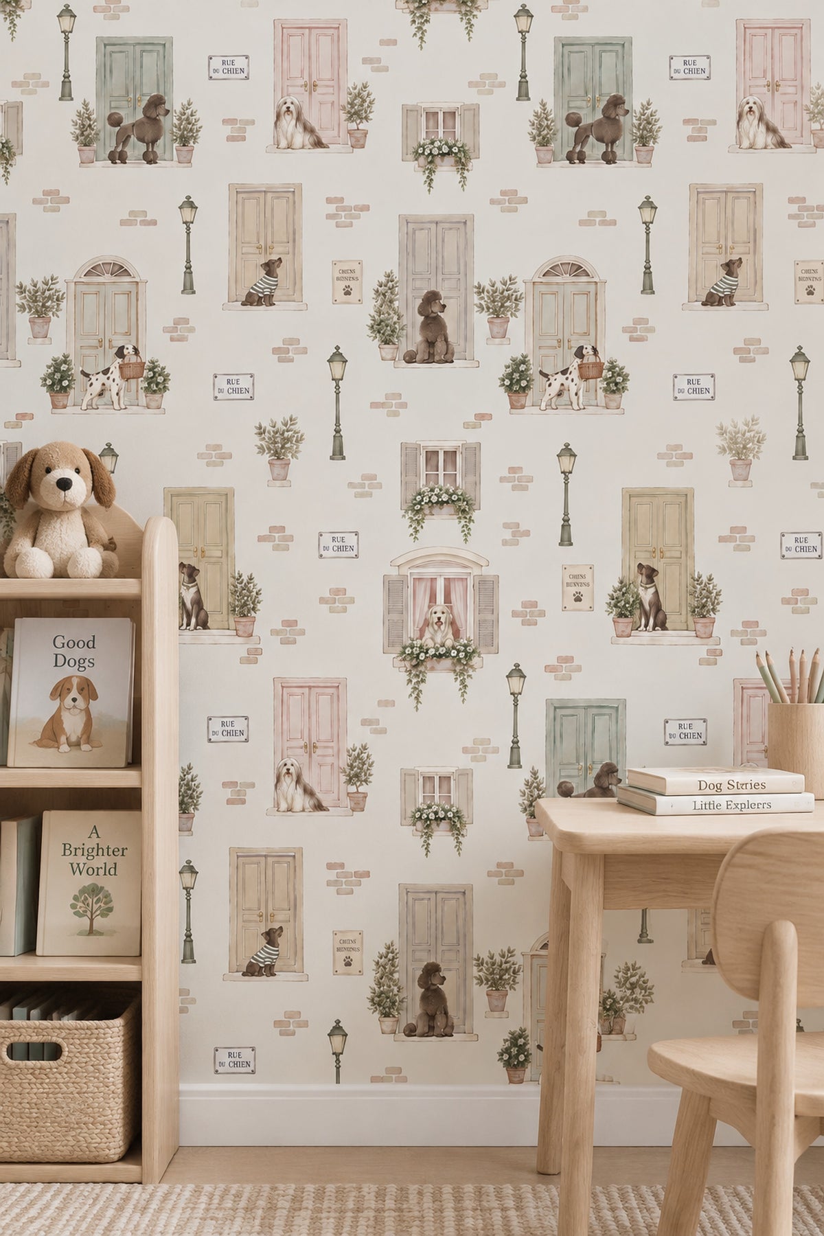 Sevimli Köpekli Duvar Kağıdı Pastel Sokak Kapıları Desenli